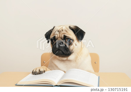Pug dog sitting at desk reading book in indoor setting 130715191