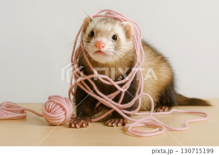 Ferret playing with pink yarn on wooden surface in indoor setting 130715199