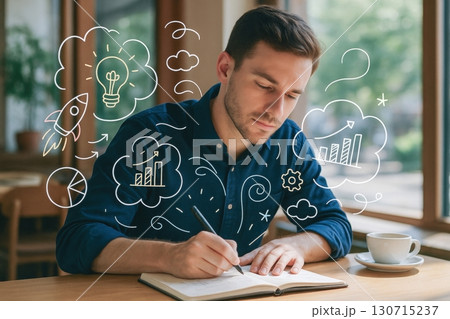 Young man writing in notebook with business and innovation doodles in cafe 130715237