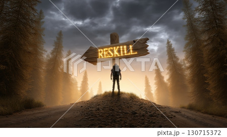 Upskilling and Reskilling in Learning and Development concept, Person standing on hill under wooden sign with reskill text in forest at sunset 130715372