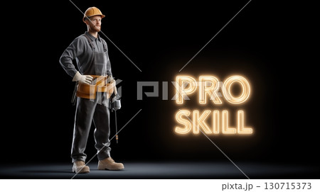 Upskilling and Reskilling in Learning and Development concept, Construction worker standing with drill and pro skill text on black background 130715373