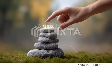 Hand stacking stones with glowing reskill text symbolizing personal growth and learning 130715382