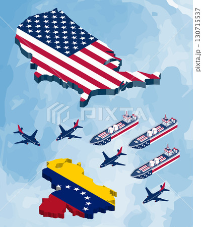 Isometric map and flag of Venezuela vs USA, battleship, fighter plane. 130715537