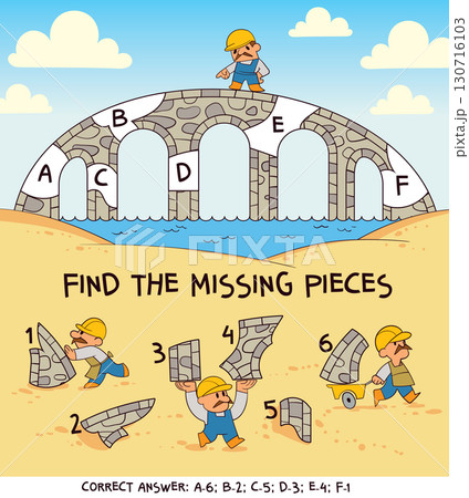 Bridge repair puzzle for kids. Match the missing stone pieces to complete the arch bridge Bridge repair puzzle for kids. Match the missing stone pieces to complete the arch bridge 130716103