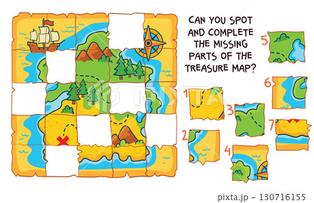 Treasure map puzzle for kids. Spot and place the missing pieces to complete the map Treasure map puzzle for kids. Spot and place the missing pieces to complete the map 130716155