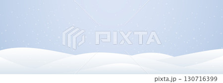 Winter snow background. Christmas snowy landscape with soft hills and falling snow on blue sky. Frosty snowdrifts and snowflakes. Seasonal texture for New Year card or sale. Vector Illustration 130716399