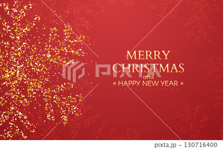 Merry Christmas banner. Happy New Year greeting card with golden snowflake sparkles on red background. Xmas design elements. Winter holiday design with gold decoration. Vector Illustration 130716400