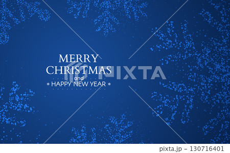 Merry Christmas elegant template. Happy New Year greeting card with snowflakes on blue background. Holiday banner for winter season. Xmas invitation or poster. Vector Illustration Merry Christmas elegant template. Happy New Year greeting card with snowflakes on blue background. Holiday banner for winter season. Xmas invitation or poster. Vector Illustration 130716401