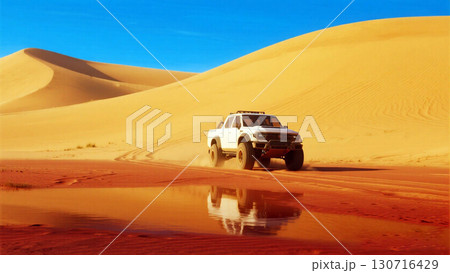 White Off Road Vehicle Driving Through Sand Dunes Under Clear Blue Sky 130716429