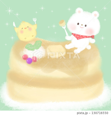 パンケーキに喜ぶくまちゃんとひよこ 130716550