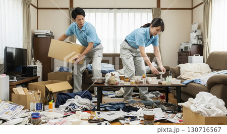 散らかった部屋を片付けている男女二人の作業員 遺品整理業者 散らかった部屋を片付けている男女二人の作業員 遺品整理業者 130716567