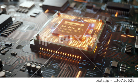 Cutting edge AI microprocessor chip with glowing circuits on motherboard 130716629