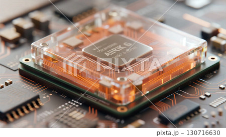 Cutting edge AI microprocessor chip with glowing circuits on motherboard 130716630