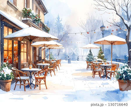 冬の屋外カフェテラスを柔らかなパステル調で描いた水彩イラスト 冬の屋外カフェテラスを柔らかなパステル調で描いた水彩イラスト 130716640