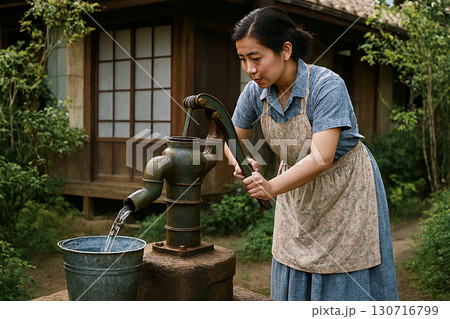 昭和の情景　手押しポンプでの水汲み 130716799