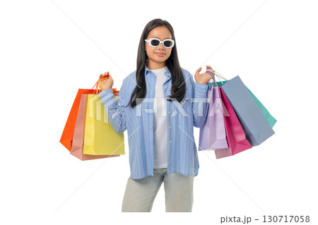 Woman loves shopping with colorful bags, isolated on white, PNG Woman loves shopping with colorful bags, isolated on white, PNG 130717058