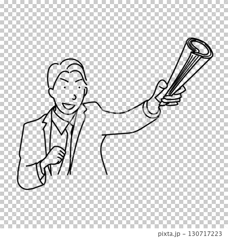 圖庫插圖: 一名商人拿著一張捲起的報紙的線條畫 圖庫插圖: 一名商人拿著一張捲起的報紙的線條畫 130717223