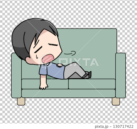 一名疲憊男子躺在沙發上的插圖 一名疲憊男子躺在沙發上的插圖 130717422