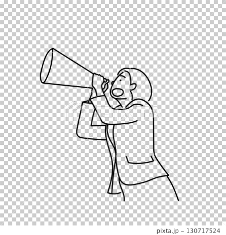 Stock Illustration: Line drawing illustration of a female business person cheering out loud with a megaphone 130717524