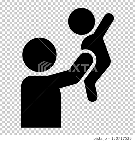 Silhouette illustration of a parent lifting their child high and playing | Flat icon material representing childcare, parent-child bond, and support 130717529
