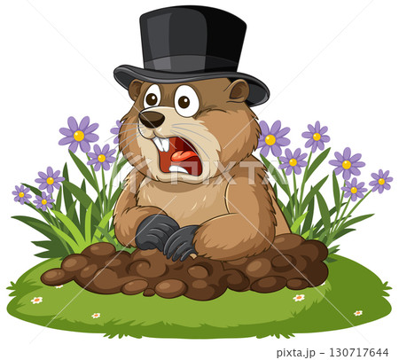 Surprised Groundhog in Top Hat Emerging from Burrow Surprised Groundhog in Top Hat Emerging from Burrow 130717644