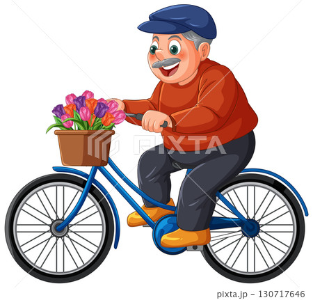Elderly Man Riding Bicycle With Tulip Basket Elderly Man Riding Bicycle With Tulip Basket 130717646