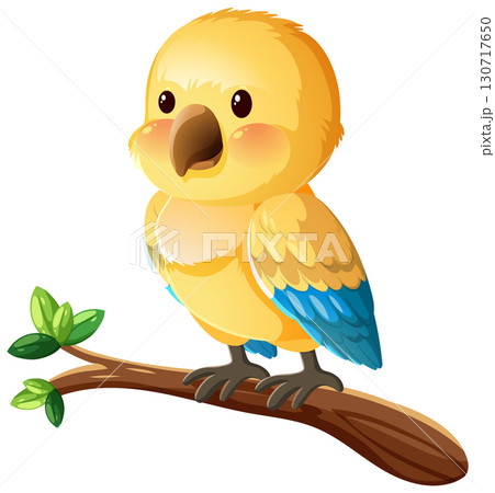Cartoon Yellow Parrot Perched on Tree Branch 130717650