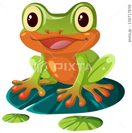 Cartoon Green Frog Sitting on Lily Pad Illustration 130717656