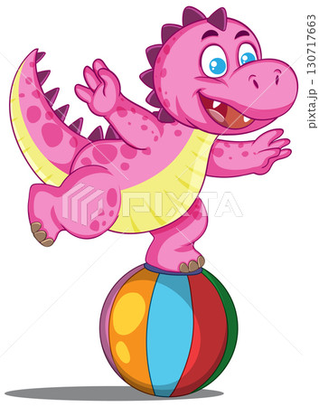 Cartoon Pink Dinosaur Balancing on Colorful Beach Ball 130717663