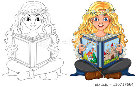 Blonde Girl Reading Fairy Tale Book Illustration Blonde Girl Reading Fairy Tale Book Illustration 130717664