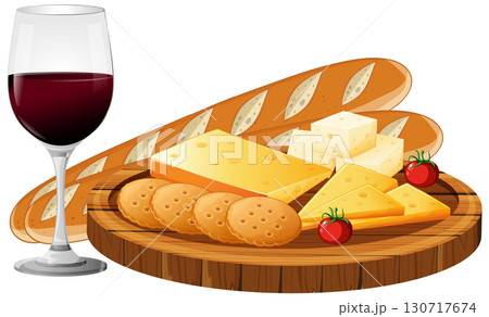 Wine, Cheese, Bread, and Crackers on Wooden Platter 130717674