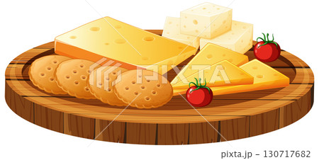 Cheese and Crackers Platter with Cherry Tomatoes on Wooden Board 130717682