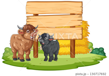 Two Cartoon Calves Standing by Wooden Farm Sign 130717692