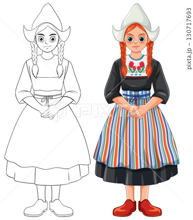 Dutch Girl in Traditional Costume with Braids and Clogs 130717693