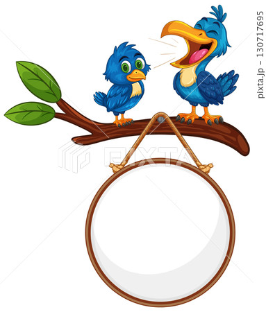 Two Blue Cartoon Birds on Branch with Blank Sign Two Blue Cartoon Birds on Branch with Blank Sign 130717695