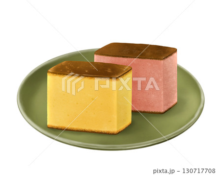 お皿にのった長崎カステラ、いちごカステライラスト 130717708