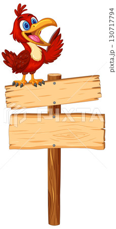 Cartoon Red Bird Perched on Wooden Direction Sign 130717794