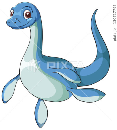 Cartoon Plesiosaur Swimming with Cheerful Expression 130717795