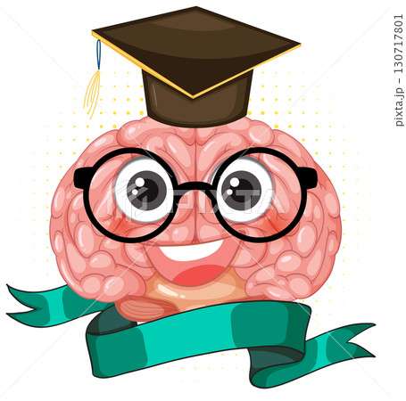 Smiling Cartoon Brain Wearing Graduation Cap and Glasses Smiling Cartoon Brain Wearing Graduation Cap and Glasses 130717801