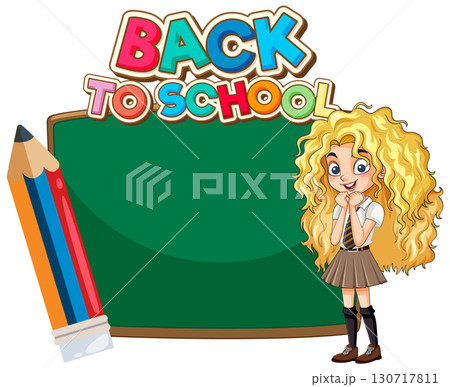 Smiling Schoolgirl with Chalkboard and Back to School Sign 130717811