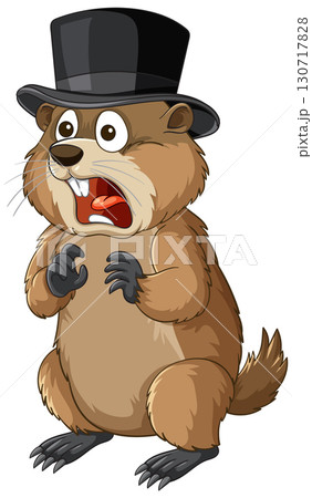 Surprised Groundhog Wearing Top Hat Cartoon Illustration 130717828
