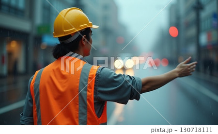 交通誘導の案内をする作業員の後ろ姿 130718111