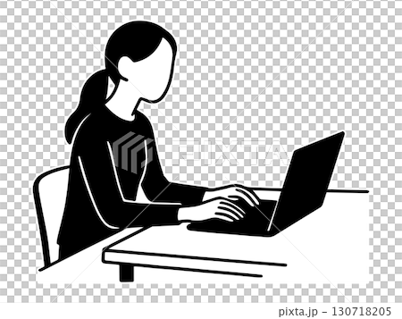 一位女士在筆記型電腦上工作的線條插圖 130718205