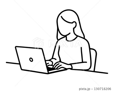 ノートパソコンで作業する女性の線画イラスト 130718206