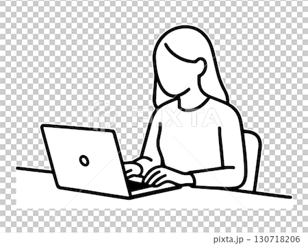 ノートパソコンで作業する女性の線画イラスト 130718206