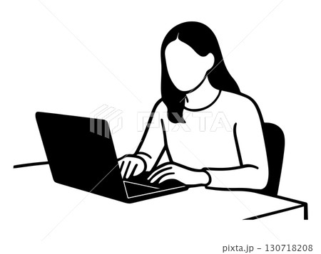 ノートパソコンで作業する女性の線画イラスト ノートパソコンで作業する女性の線画イラスト 130718208