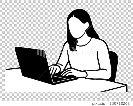 ノートパソコンで作業する女性の線画イラスト ノートパソコンで作業する女性の線画イラスト 130718208