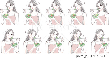 サラダを食べる女性イラストセット｜健康・美容・ライフスタイル 130718218