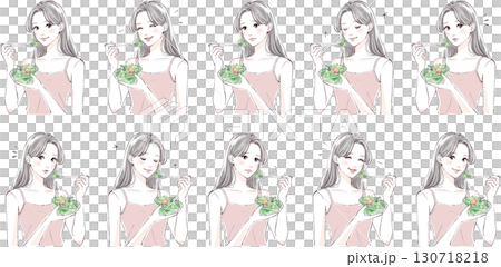 サラダを食べる女性イラストセット｜健康・美容・ライフスタイル 130718218