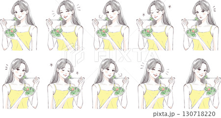 サラダを食べる女性イラストセット｜健康・美容・ライフスタイル 130718220